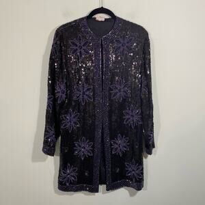 Vintage 80's Women's Floral Full Sequins and Beading Silk Jacket Size M